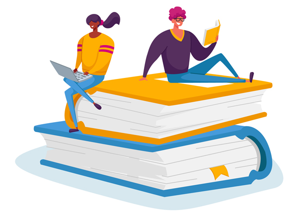 A graphic illustration&nbsp;of a male and female student on a life-sized pile of books